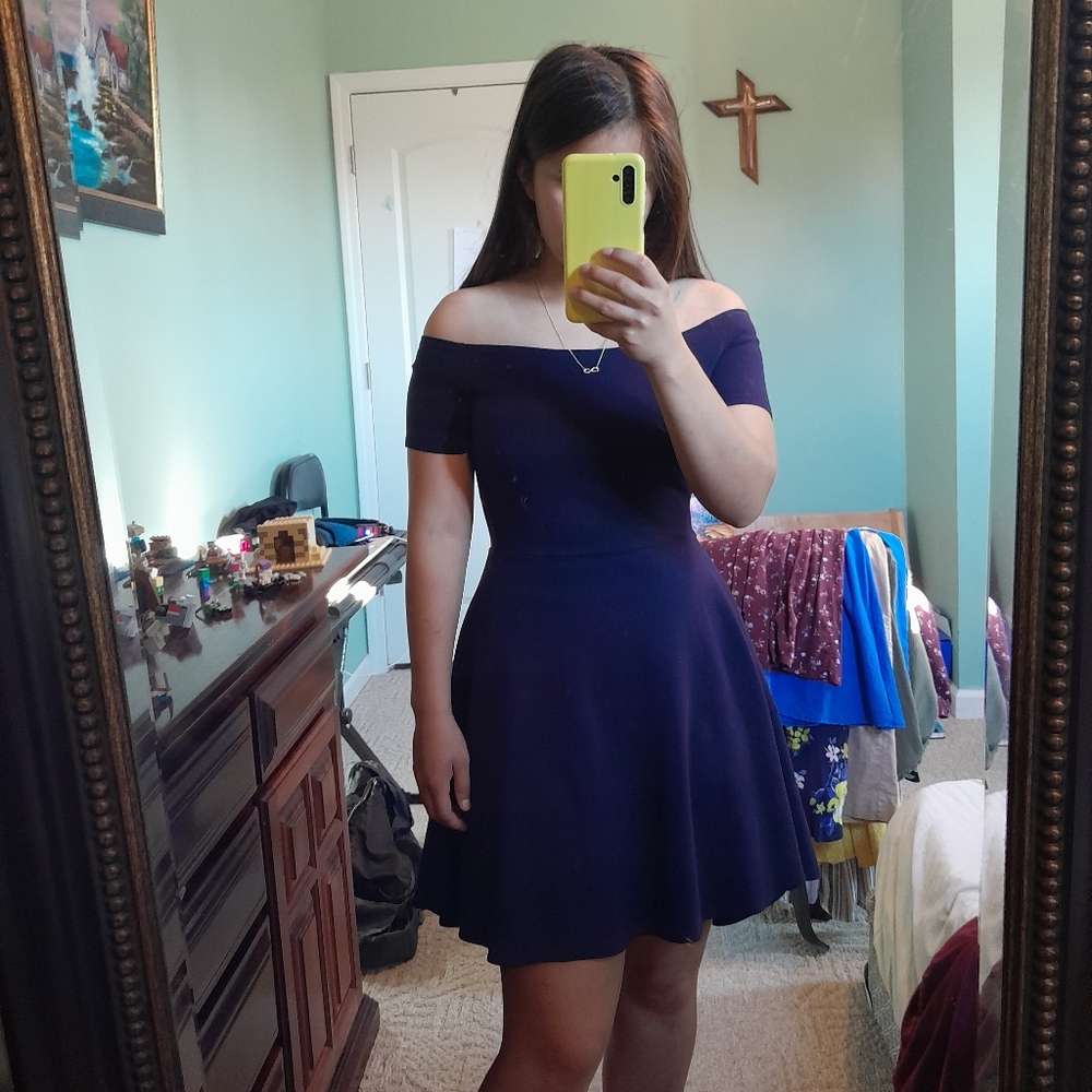 High Low Off The Shoulder Navy Dress